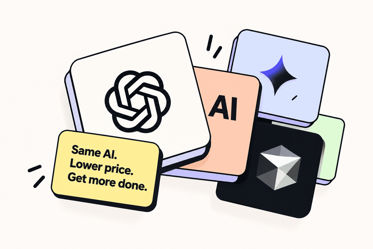 A playful stack of cards representing popular AI tools